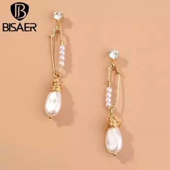 BISAER элегантные длинные серьги-гвоздики с жемчугом для женщин, модные украшения