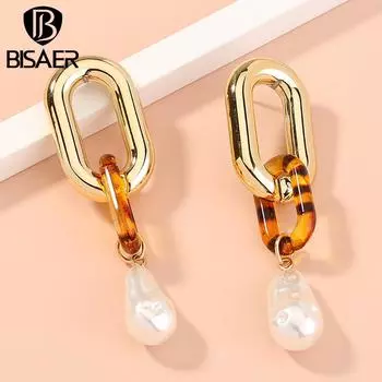 BISAER элегантные серьги-гвоздики с искусственным жемчугом и кольцом для женщин, ювелирные украшения