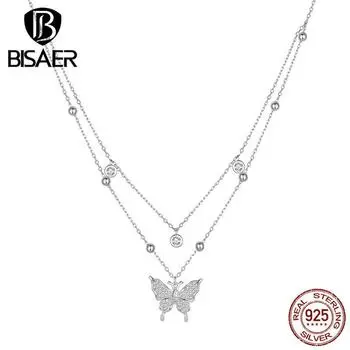 BISAER, двухслойное ожерелье из стерлингового серебра 925 пробы с кисточкой, кулон в форме бабочки, регулируемая цепочка с платиновым покрытием, женские ювелирные украшения 925 silver