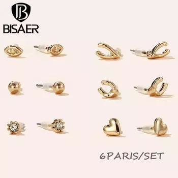 BISAER Изысканный набор из 6 пар сережек-гвоздиков Love & Wishing Bone, Eyes и Beads для женских повседневных украшений