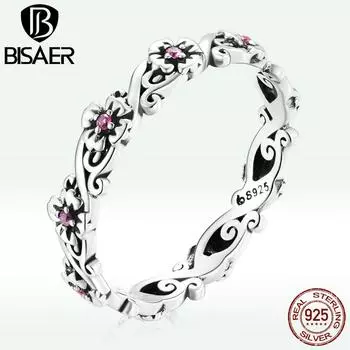 BISAER кольцо из стерлингового серебра 925 пробы, винтажное полое кольцо с розовым и красным цветком, циркониевые кольца для женщин, оригинальные ювелирные изделия 6