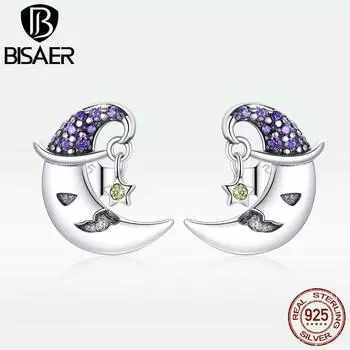 BISAER настоящие серьги-гвоздики из стерлингового серебра 925 пробы с рисунком Луны и звезд, фиолетовые необычные серьги для женщин, модные серебряные украшения 925 silver