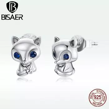 BISAER Натуральное серебро 925 пробы милые серьги-гвоздики с лисьим цирконом для женщин и девочек, подарочные ювелирные изделия 925 silver
