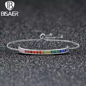 BISAER новый серебряный цвет браслет с радужными кристаллами и цепочкой на шнуровке браслеты bracelet