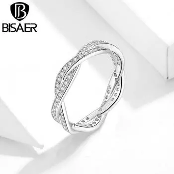 BISAER переплетенное кольцо Love с блестящим цирконием, штабелируемое кольцо для женщин, ювелирные изделия 6