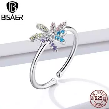BISAER Пион Фейерверк Кольцо на Палец для Женщин Стерлингового Серебра 925 Цветные Ювелирные Изделия CZ серебряный