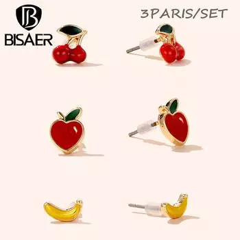 BISAER привлекательный комплект из 3 пар серег-гвоздиков с вишней и бананом и клубникой для женских ювелирных украшений Earring