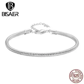 BISAER, простой браслет из стерлингового серебра 925 пробы со змеиной костью, застежка-лобстер, базовая цепочка с платиновым покрытием для женщин, свадебные ювелирные украшения 925 silver