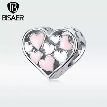 BISAER романтические розовые и белые бусины в форме сердца для оригинального браслета, ювелирные изделия своими руками Pendant