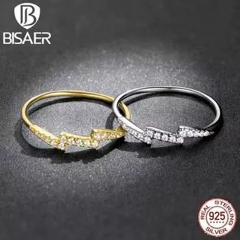 BISAER Стерлинговое серебро 925 пробы Изысканное элегантное кольцо с цирконием в форме молнии, платиновым и позолоченным, размер 678 для женщин, ювелирные украшения gold-6