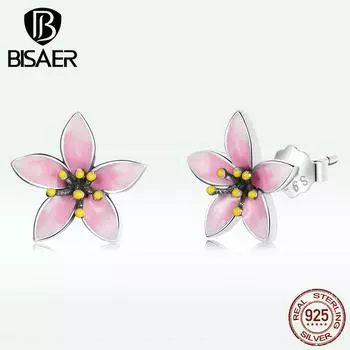 BISAER стерлингового серебра 925 пробы эмалью розовый реалистичный вишневый цвет серьги-гвоздики для женщин ювелирные изделия Earring