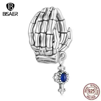 BISAER Стерлингового Серебра 925 пробы Череп Рука Кость Вера Подвески Бусина для Женщин Оригинальный Серебряный Браслет Ювелирные Изделия Подарок