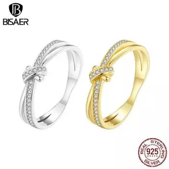 BISAER стерлингового серебра 925 пробы двухслойное кольцо на палец с узлом штабелируемые кольца для женщин оригинальный дизайн изящные ювелирные изделия 6 серебряный