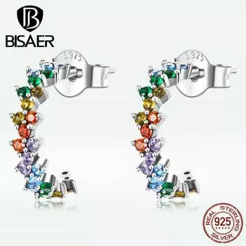 BISAER стерлингового серебра 925 пробы изысканные изогнутые серьги-гвоздики с цветным цирконом для женщин, ювелирные изделия Earring
