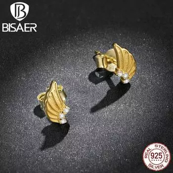 BISAER стерлингового серебра 925 пробы изысканные текстурированные позолоченные серьги-крылья с блестящим цирконием для женщин изящные ювелирные изделия