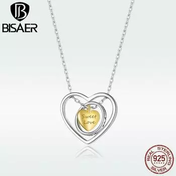 BISAER стерлингового серебра 925 пробы кольцо с сердечком ожерелье с надписью Sweet Love Chain для женщин уникальный оригинальный дизайн ювелирных изделий
