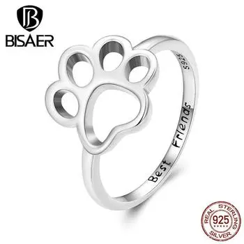 BISAER стерлингового серебра 925 пробы милые кольца для домашних животных и кошачьих лап для женщин, милое полое кольцо с животными для девочек, ювелирные изделия на день рождения, подарок 6