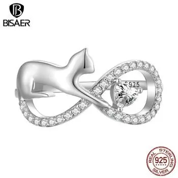 BISAER стерлингового серебра 925 пробы, милые кошачьи кольца-обещания, бесконечное сердце, циркон, кольцо с домашним животным, платиновое ювелирное изделие для женщин 6