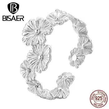 BISAER стерлингового серебра 925 пробы милые винтажные открытые кольца с цветком ромашки для женщин Свадебные обручальные регулируемые кольца подарок для пары 925 silver