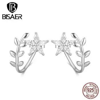 BISAER стерлингового серебра 925 пробы с фианитом, серьги с цветами и листьями для женщин, подарок, модные украшения 925 silver
