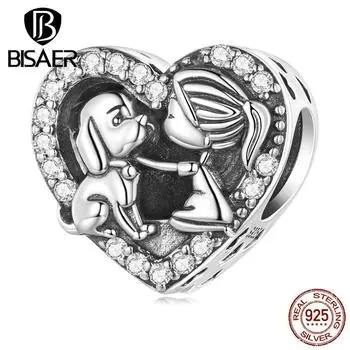 BISAER стерлингового серебра 925 пробы с кубическим цирконием в форме сердца для девочек и бусинок для домашних животных, подходит для оригинального браслета, ожерелья, ювелирного изделия, подарка 925 Silver