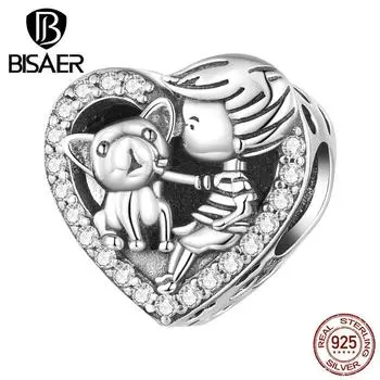 BISAER стерлингового серебра 925 пробы с кубическим цирконием в форме сердца для мальчиков и домашних бусинок, подходит для оригинального браслета, ожерелья, ювелирного изделия, подарка 925 Silver