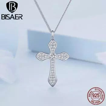 BISAER стерлингового серебра 925 пробы с кубическим цирконием, подвеска в виде креста, цепочка Шопена, регулируемая платиновая цепочка с покрытием, женские ювелирные украшения B