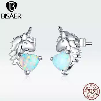 BISAER стерлингового серебра 925 пробы с опалом красочные милые пони маленькие серьги-гвоздики свадебные украшения серебряный