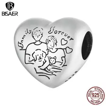 BISAER стерлингового серебра 925 пробы «Счастье кошек и собак», семейные подвески в форме сердца для женщин, браслет и браслет, ювелирные изделия «сделай сам», подарок