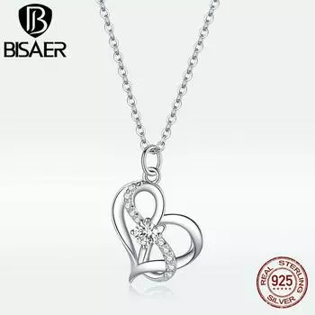 BISAER стерлингового серебра 925 пробы сердце к сердцу кулон ожерелья для женщин регулируемые 17,7 дюймов цепочки ожерелья серебряный