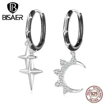 BISAER стерлингового серебра 925 пробы со звездами и луной, пряжки для ушей, асимметричные серьги-кольца для женщин, подарок, черное позолоченное ювелирное изделие 925 silver