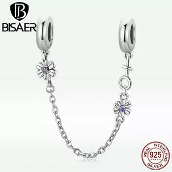 BISAER Стерлингового Серебра 925 пробы Винтаж Цветок Защитная Цепочка Циркон Подвески Подходит Оригинальный Браслет DIY Ювелирные Изделия 925 silver серебряный