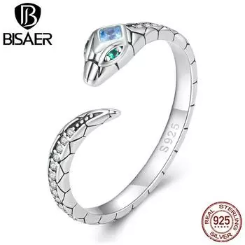 BISAER стерлингового серебра 925 пробы в стиле хип-хоп, панк, змея, регулируемые открытые кольца для женщин, цветной циркон, подарок для банкета, коктейля, ювелирные изделия 6