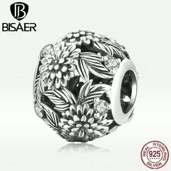 BISAER стерлингового серебра 925 пробы, винтажные тисненые цветы, очаровательные бусины, подходят для оригинального браслета, ожерелья для женщин, ювелирные изделия 925 silver