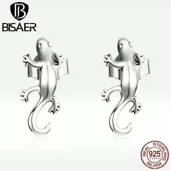 BISAER стерлингового серебра 925 пробы забавные креативные серьги геккон для женщин ювелирные изделия 925 silver