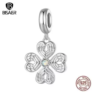 BISAER стерлингового серебра 925 пробы зеленый опал клевер трава подвеска из бисера подходит для счастливых женщин браслет ювелирные изделия