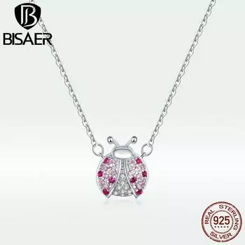 BISAER Высокое качество 100% стерлингового серебра 925 пробы розовый цирконий женское ожерелье с божьей коровкой ювелирные изделия серебряный