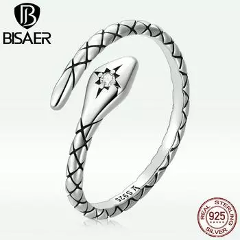 BISAER винтажное открытое кольцо в виде змеи из стерлингового серебра 925 пробы с цирконом, регулируемый размер на палец, кольца для женщин, ювелирные изделия, подарок