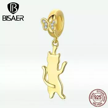 BISAER винтажные изысканные подвески в виде кота и бабочки из стерлингового серебра 925 пробы подходят оригинальные браслеты женские ювелирные изделия