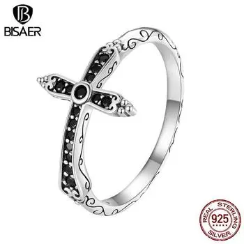 BISAER винтажные кольца из стерлингового серебра 925 пробы с черным цирконом и крестом для женщин, ретро-панк, штабелируемое кольцо, ювелирные изделия в стиле хип-хоп, подарок 6