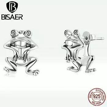 BISAER, женские серьги из стерлингового серебра 925 пробы, нежные забавные серьги-гвоздики с изображением лягушки и животного, простой винтажный дизайн, серьги-гвоздики для женщин, ювелирные изделия 925 silver