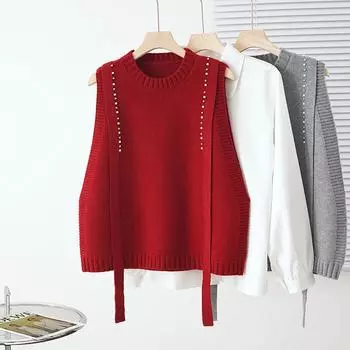 Бисерный круглый вырез пуловер вязаный жилет жилет женский весенне-осенний свободный жилет свитер жилет зима One size40-65KG серый