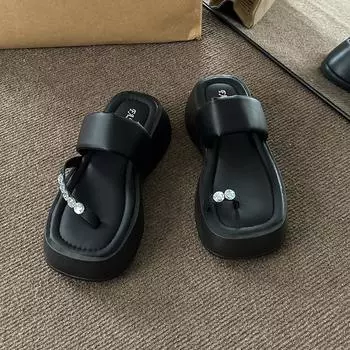 бисквит с толстым дном, квадратной головкой, стразами, односложная женская обувь 2024 года, новая, высокого класса, для мужчин, носящая пляжный римский носок 35 чёрный