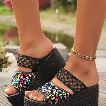 бисквит толстый низ наклонный каблук классные тапочки летние новые блестки сетка верхняя одежда водонепроницаемый стол высокий каблук рыбий рот одно слово сопротивление 34