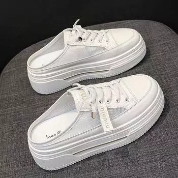 Бисквитный торт Толстая подошва Bag Head Женская летняя одежда Новые сетчатые дышащие туфли без каблука Маленькие белые туфли Board Shoes 35