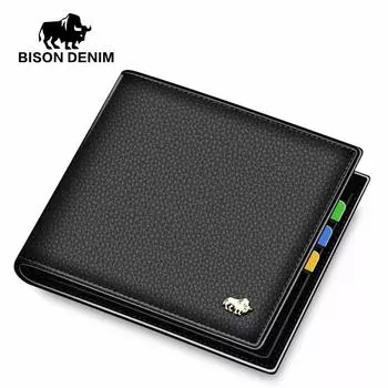 BISON DENIM Модные кошельки из натуральной кожи Тонкий деловой мужской карманный кошелек с держателем для кредитных карт Кошелек чёрный