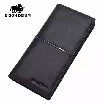 BISON DENIM Модные мужские кошельки из натуральной кожи, длинный тонкий двойной кошелек, деловой мужской кошелек с держателем для карт