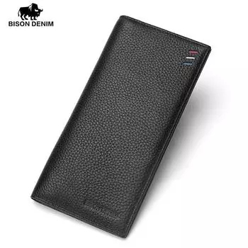 BISON DENIM модные роскошные мужские кошельки из натуральной кожи, длинный тонкий двойной кошелек, кошелек с держателем для кредитных карт