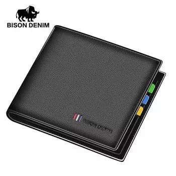 BISON DENIM Модный мужской кошелек из натуральной кожи Тонкий двойной кошелек с держателем для карт чёрный