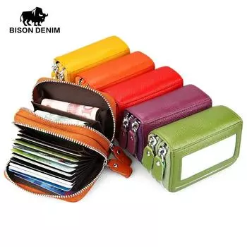 BISON DENIM Модный женский кошелек из натуральной кожи с держателем для кредитных карт, большой вместительный женский кошелек с двойной молнией коричневый